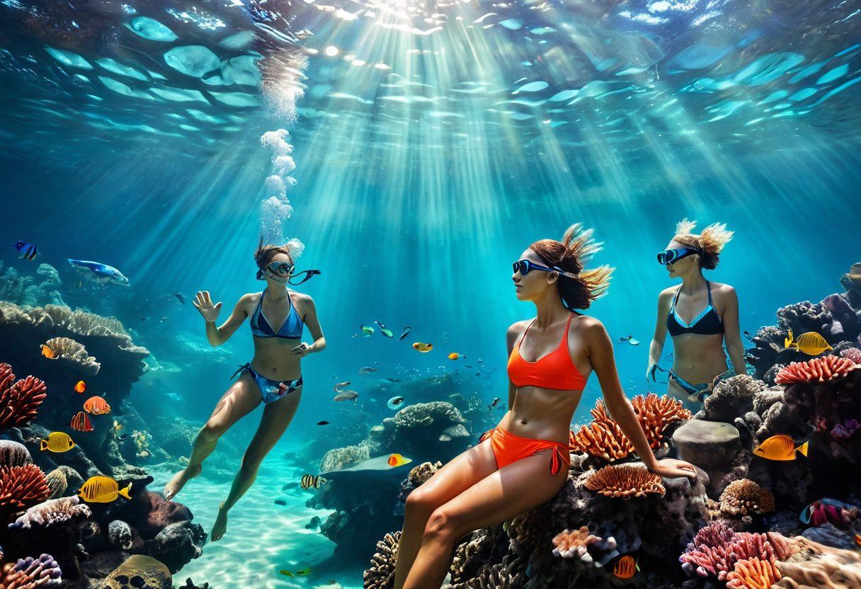 A serene underwater scene showcasing a diverse group of swimmers in vibrant, culturally inspired swimwear, gracefully exploring a coral reef teeming with marine life. Brightly colored fish dart among the divers, with rays of sunlight filtering through the water's surface. The reflective water creates an emotional ambiance, symbolizing the journey of cultural heritage. Add a subtle hint of nostalgia, like faded photographs of historical swimwear in the background. vibrant colors. super-realistic. underwater photography.